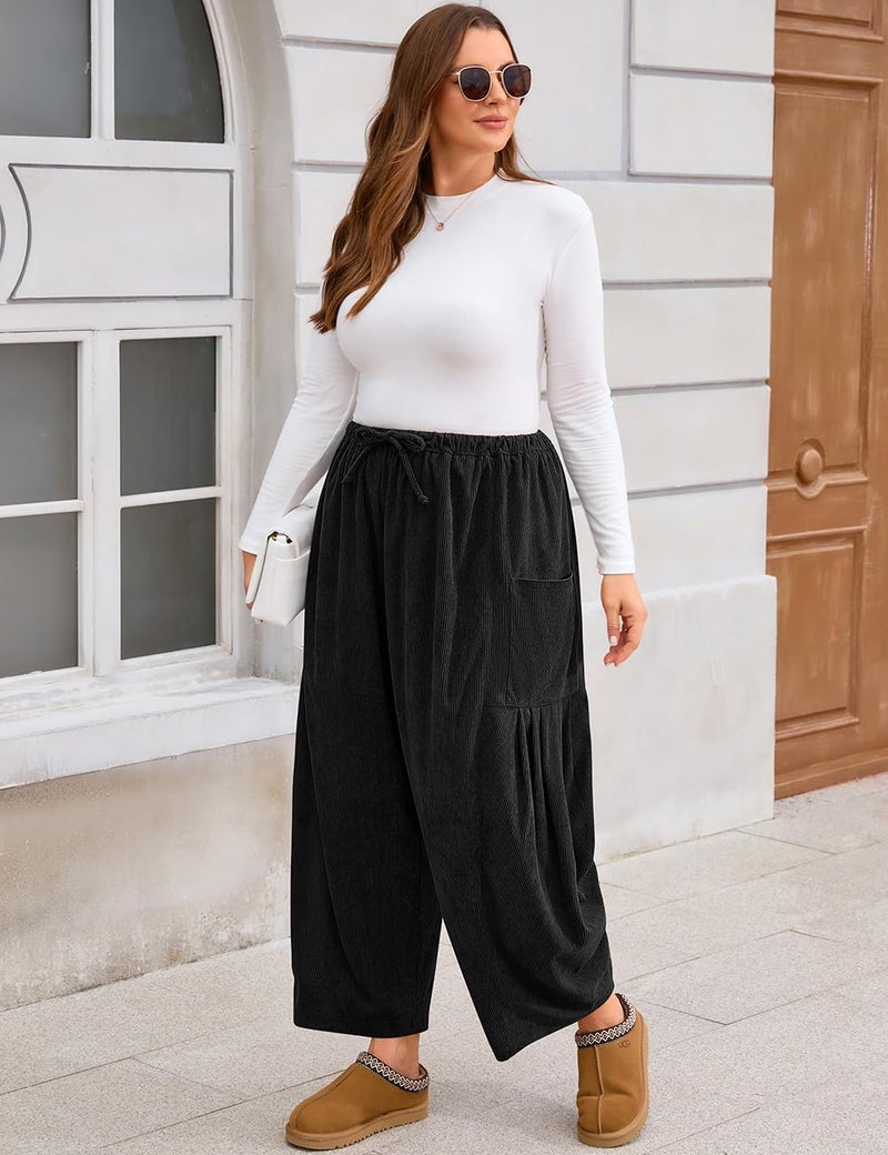 TARSE Womens Corduroy Pants Wide Leg Drawstring Low Waist Palazzo Harem Pants 2025 Trendy Fashion Cargo Pants with Pockets, Black, M - Image 3