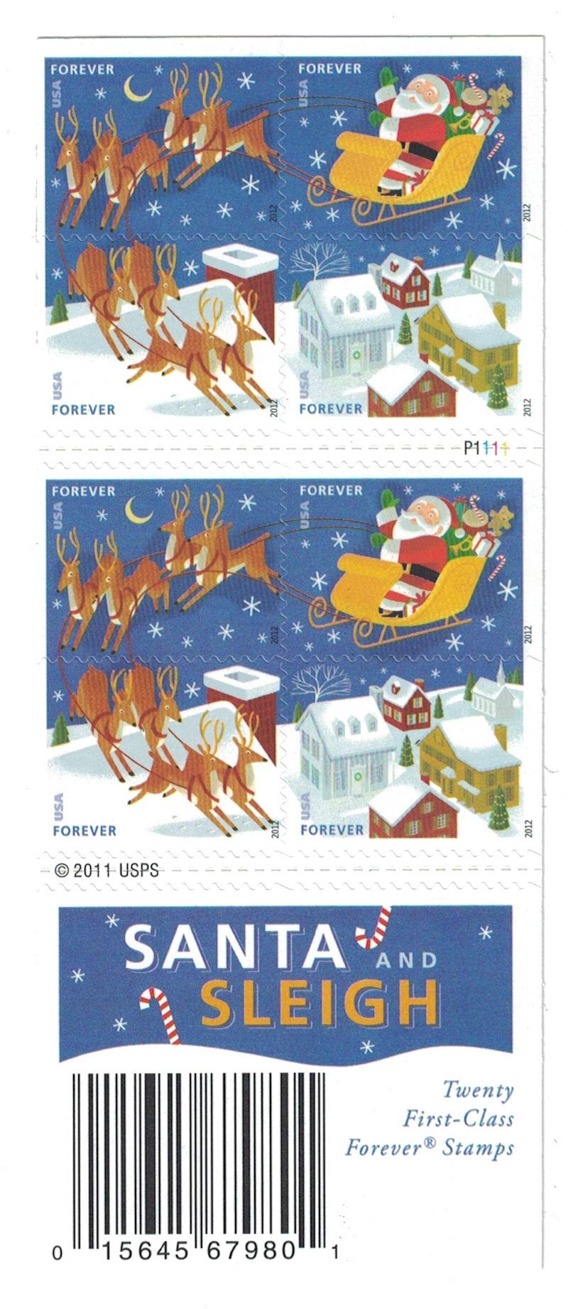 USPS Santa and Sleigh (Sheet of 20) First-Class Mail Forever Postage Stamps 2012 Scott 4712-4715 - Image 1