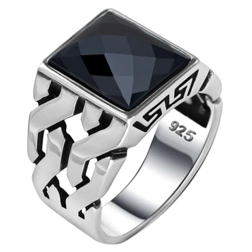 Babylon Silver Men's Solid Genuine 925 Sterling Silver Ring Simulated Black Diamond Handmade Cuban Link Chain Motif Braided Ring (Simulated Black Diamond, 12) - Image 1
