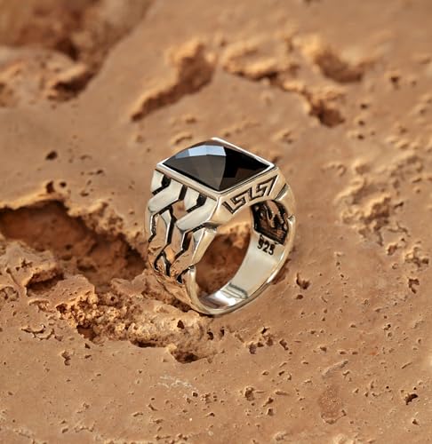 Babylon Silver Men's Solid Genuine 925 Sterling Silver Ring Simulated Black Diamond Handmade Cuban Link Chain Motif Braided Ring (Simulated Black Diamond, 12) - Image 2