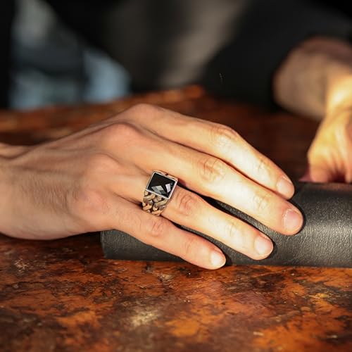 Babylon Silver Men's Solid Genuine 925 Sterling Silver Ring Simulated Black Diamond Handmade Cuban Link Chain Motif Braided Ring (Simulated Black Diamond, 12) - Image 4