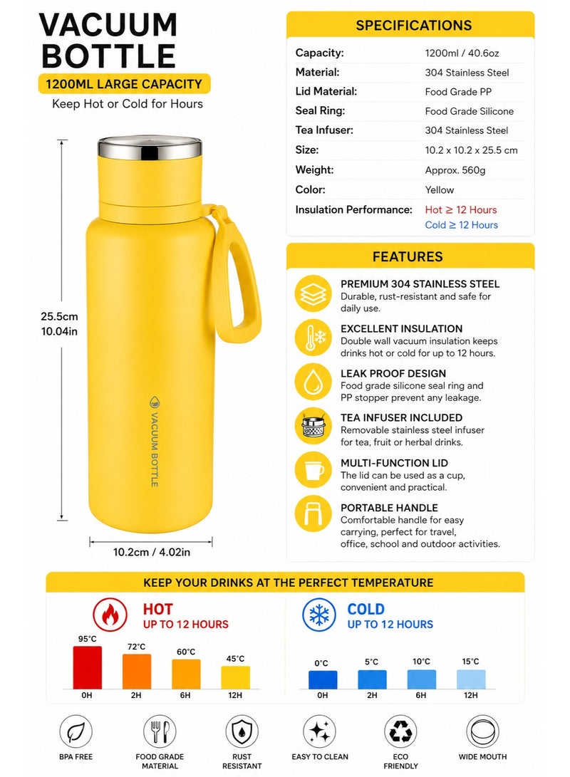 Large 1200Ml Travel Vacuum Thermos Flask, 304 Stainless Steel Insulated Water Bottle With Tea Infuser, Cup & Leakproof Lid For Office, Camping & Outdoor - Yellow - Image 4