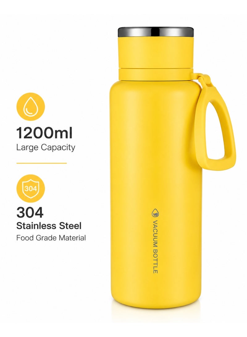 Large 1200Ml Travel Vacuum Thermos Flask, 304 Stainless Steel Insulated Water Bottle With Tea Infuser, Cup & Leakproof Lid For Office, Camping & Outdoor - Yellow - Image 2