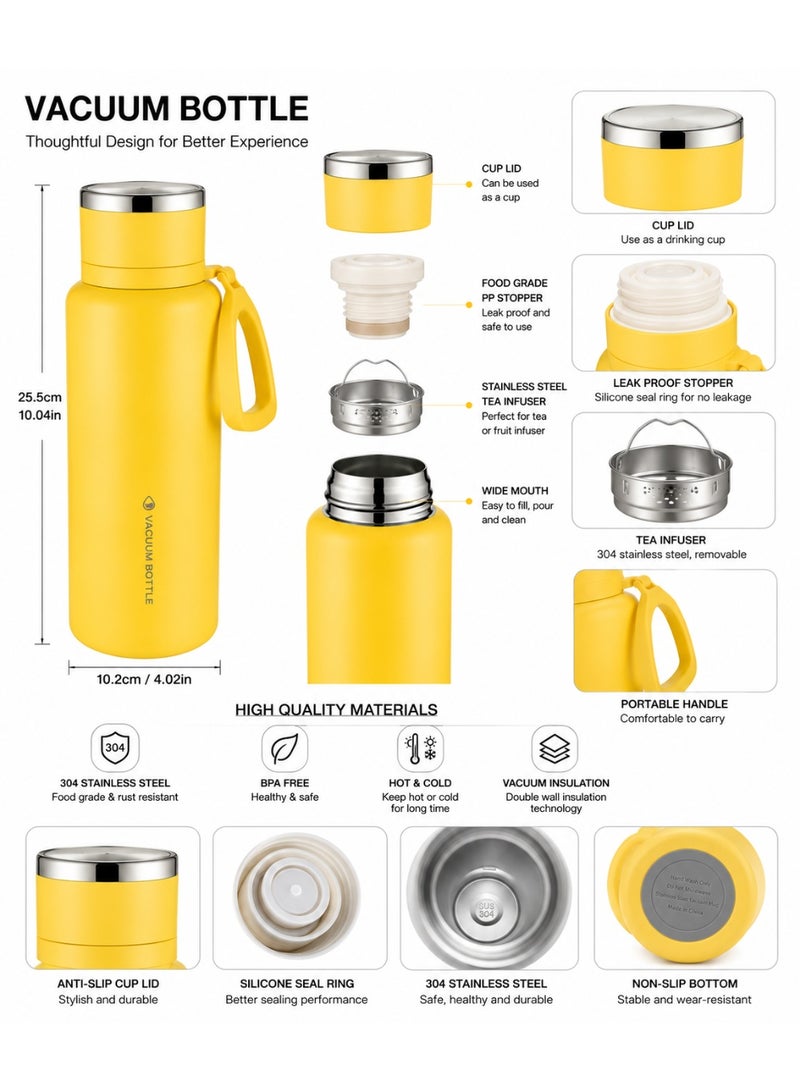 Large 1200Ml Travel Vacuum Thermos Flask, 304 Stainless Steel Insulated Water Bottle With Tea Infuser, Cup & Leakproof Lid For Office, Camping & Outdoor - Yellow - Image 3