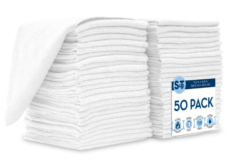 S&T INC. ST INC 50 Pack Microfiber Cleaning Cloth Bulk Towels for Home Reusable Microfiber Towels for Cars Cleaning Rags White 115 Inches x 115 Inches 50 Count