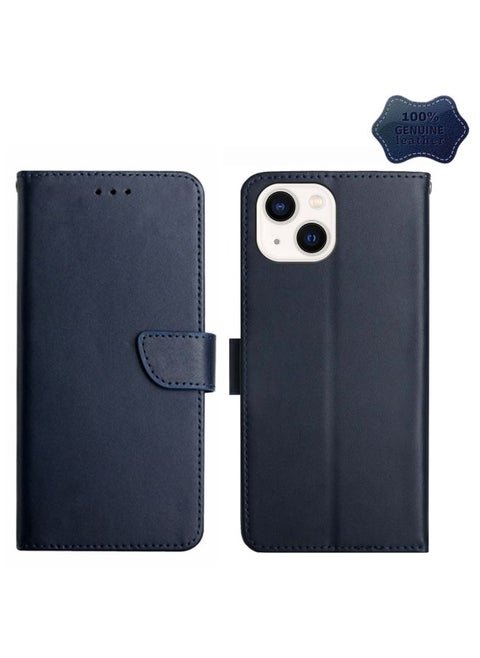 Case Cover For iPhone 14 Genuine Leather Fingerprint-proof Horizontal Flip Phone Case Blue