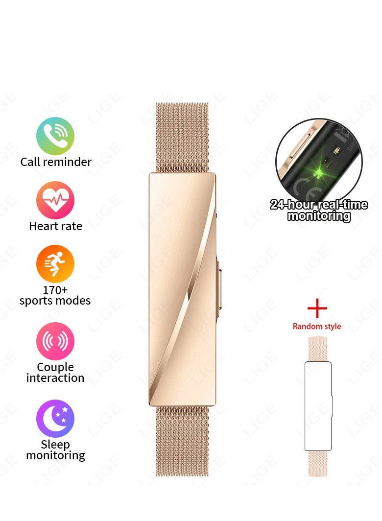 لييج سوار ذكي مقاوم للماء بخاصية التفاعل بين الزوجين للرجال والسيدات، عداد الخطوات، مراقبة الصحة، جهاز تتبع اللياقة البدنية الرياضي مع حزام مزدوج قابل للاستبدال باللون الذهبي الوردي - Image 1