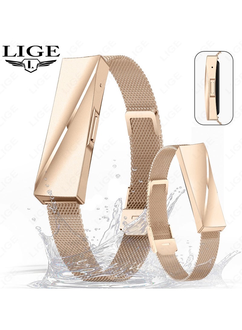 لييج سوار ذكي مقاوم للماء بخاصية التفاعل بين الزوجين للرجال والسيدات، عداد الخطوات، مراقبة الصحة، جهاز تتبع اللياقة البدنية الرياضي مع حزام مزدوج قابل للاستبدال باللون الذهبي الوردي - Image 3