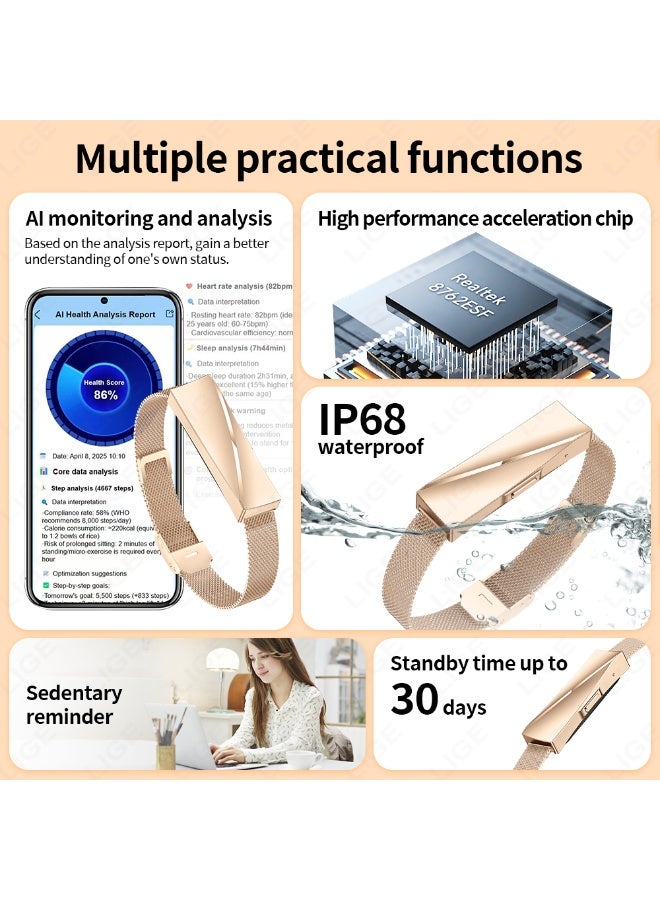 لييج سوار ذكي مقاوم للماء بخاصية التفاعل بين الزوجين للرجال والسيدات، عداد الخطوات، مراقبة الصحة، جهاز تتبع اللياقة البدنية الرياضي مع حزام مزدوج قابل للاستبدال باللون الذهبي الوردي - Image 4