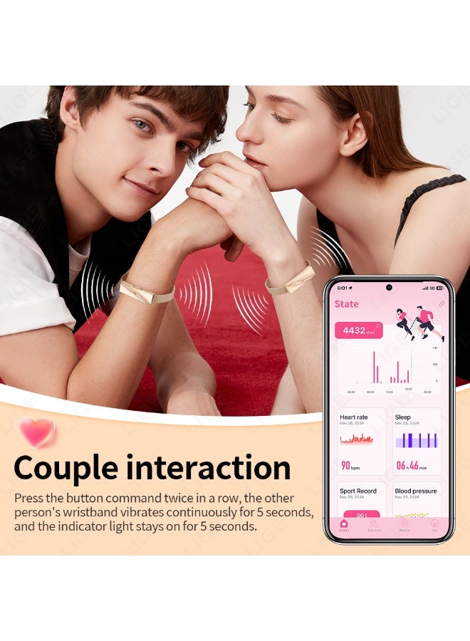 لييج سوار ذكي مقاوم للماء بخاصية التفاعل بين الزوجين للرجال والسيدات، عداد الخطوات، مراقبة الصحة، جهاز تتبع اللياقة البدنية الرياضي مع حزام مزدوج قابل للاستبدال باللون الذهبي الوردي - Image 5