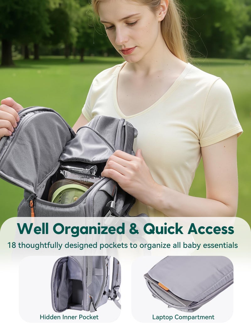 BABELIO Grid Wizard Diaper Bag Backpack - Multi Function Waterproof Diaper Bag, Travel Essentials Baby Bag with Insulated Bottle Holders, Baby Shower Gifts, Grey - Image 3