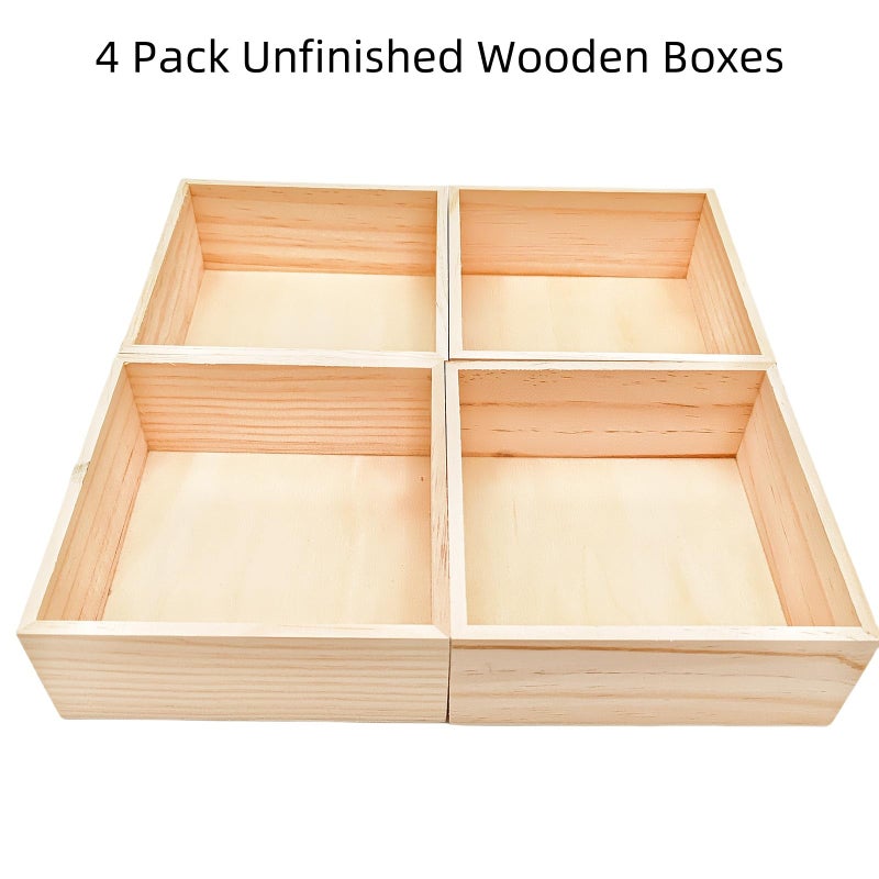 Anktily 4 Pack Unfinished Wooden Craft Storage Organiser Boxes, 6 x 6 x 2.4 inch Small Square Wood Box, Rustic Natural Wood Container Box for Home Venue Decor - Image 2