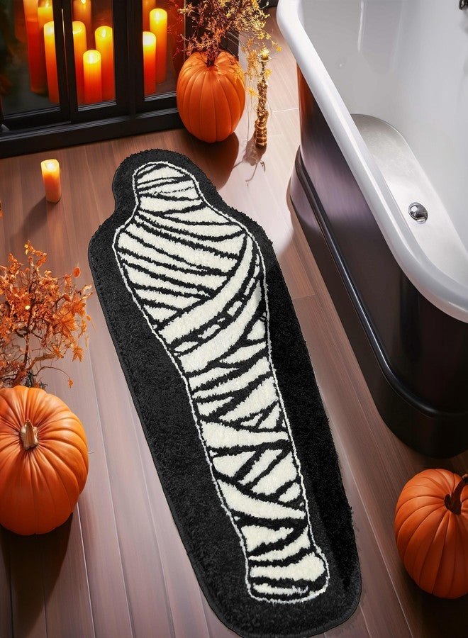 MUJOO Halloween Bathroom Rug Black and White Horror Decorations Non Slip Coffin Bath Mats for Bathroom Bedroom Cute Runner Gothic Home Decor Scary Funny Mummy Carpet 18x47 inch - Image 1