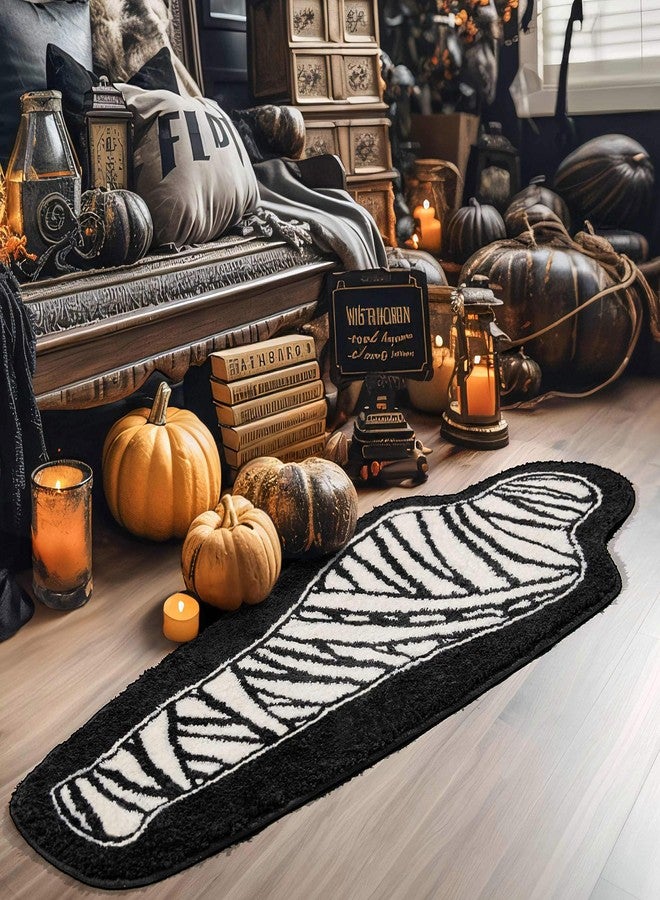 MUJOO Halloween Bathroom Rug Black and White Horror Decorations Non Slip Coffin Bath Mats for Bathroom Bedroom Cute Runner Gothic Home Decor Scary Funny Mummy Carpet 18x47 inch - Image 2