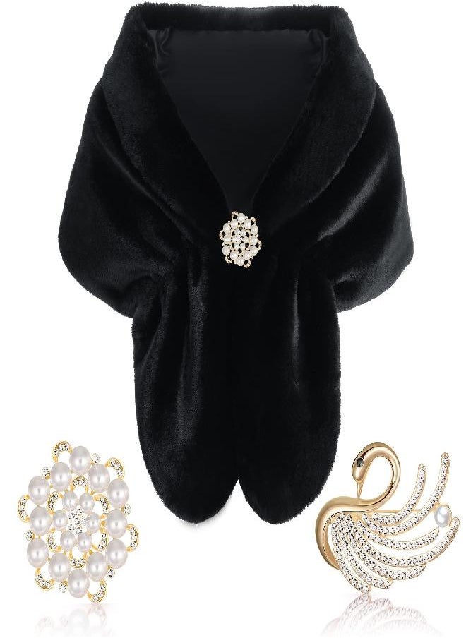 Geyoga Geyoga Faux Fur Shawl Wrap Stole Shrug Winter Bridal Wedding Scarf Wrap with Faux Pearl Rhinestone Brooches for Women 1920s (Black, Large, Short Hair)  - Image 3