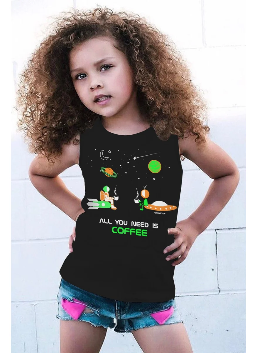 Rock&Roll in Space Coffee Black Cut Sleeve | Sleeveless Girls Boys Unisex Kids T-Shirt | Undershirt