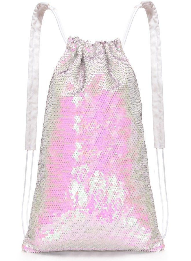 Veious Drawstring Backpack for Girls Mermaid Sequin Drawstring Bag for Dance Cute Beach Swim Backpack Birthday Gifts Bag, Pink Silver - Image 1