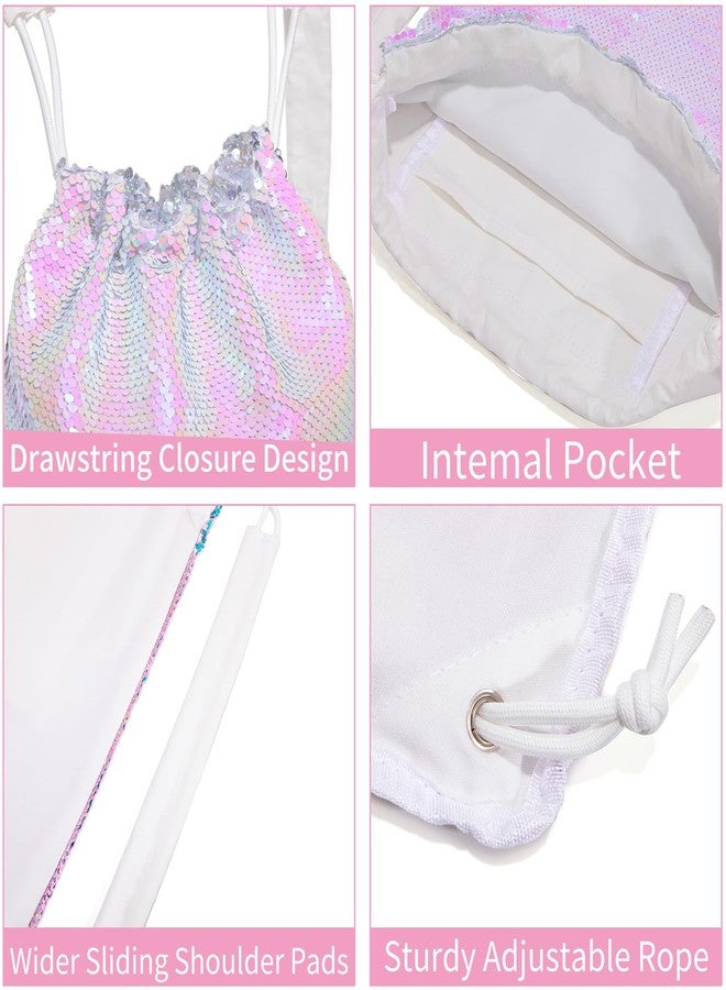 Veious Drawstring Backpack for Girls Mermaid Sequin Drawstring Bag for Dance Cute Beach Swim Backpack Birthday Gifts Bag, Pink Silver - Image 4