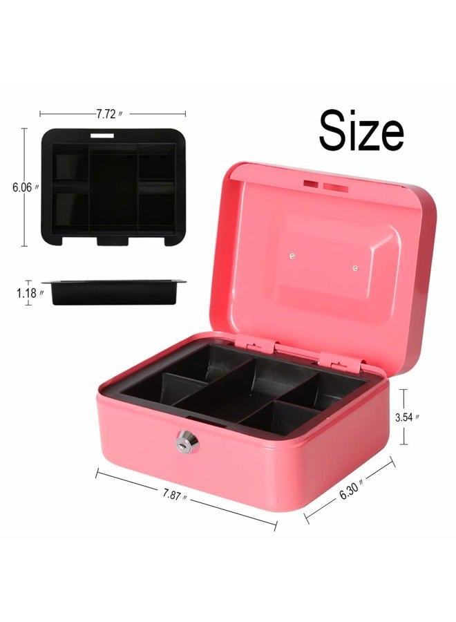 Decaller Cash Box with Money Tray, Metal Locking Money Box with Key Lock for Security, 7 4/5" x 6 4/5" x 3 3/5", Pink - Image 2