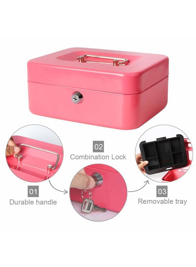 Decaller Cash Box with Money Tray, Metal Locking Money Box with Key Lock for Security, 7 4/5" x 6 4/5" x 3 3/5", Pink - Image 3
