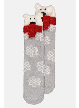 Women 1 Pair Knitted Bear Slipper Socks, Grey