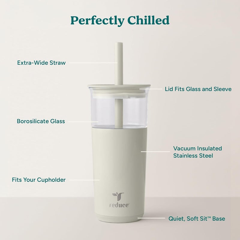 Reduce Aspen 20 oz Vacuum Insulated Glass Tumbler with Lid & Extra Wide Straw - Keeps Drinks Cold for 12 Hrs - Ideal for Iced Coffee, Smoothies & Boba - Dishwasher Safe, Soft Base - Unbleached - Image 2