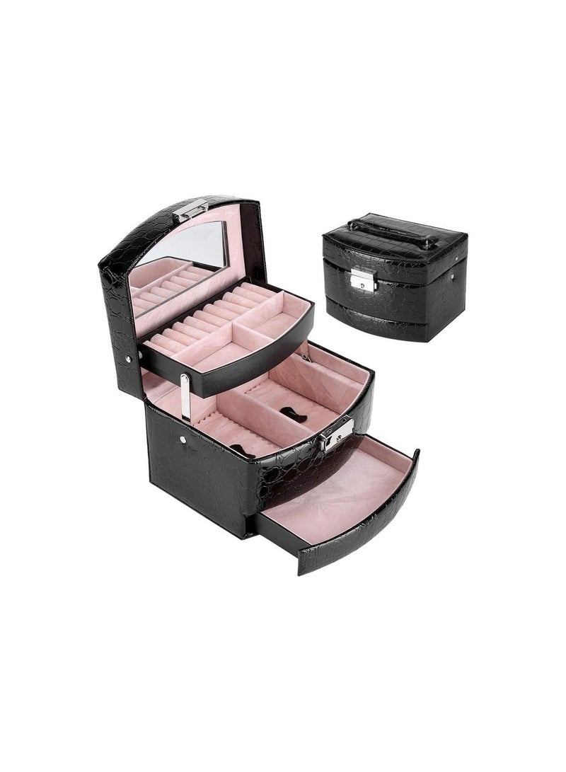 GGOOT Leather Jewelry Organizer Box, Jewelry Storage with 3 Layers for Rings Earrings Necklace Organizer (Black) - Image 3