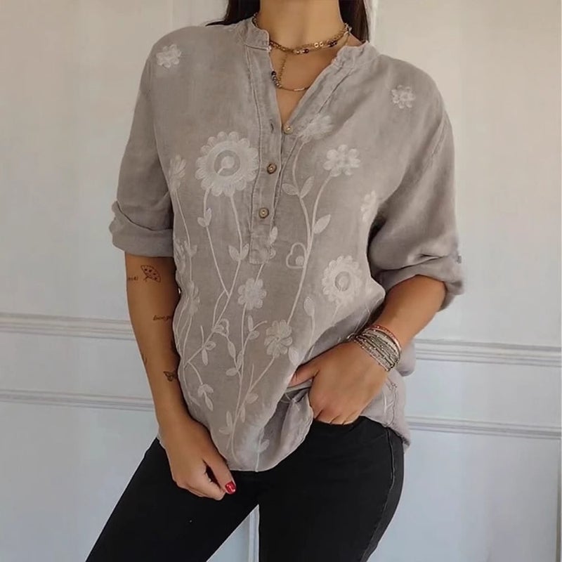 Women Lace Embroidered Button V-Neck Blouse - Image 2