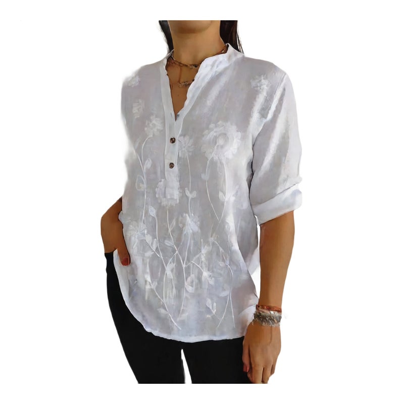 Women Lace Embroidered Button V-Neck Blouse - Image 1