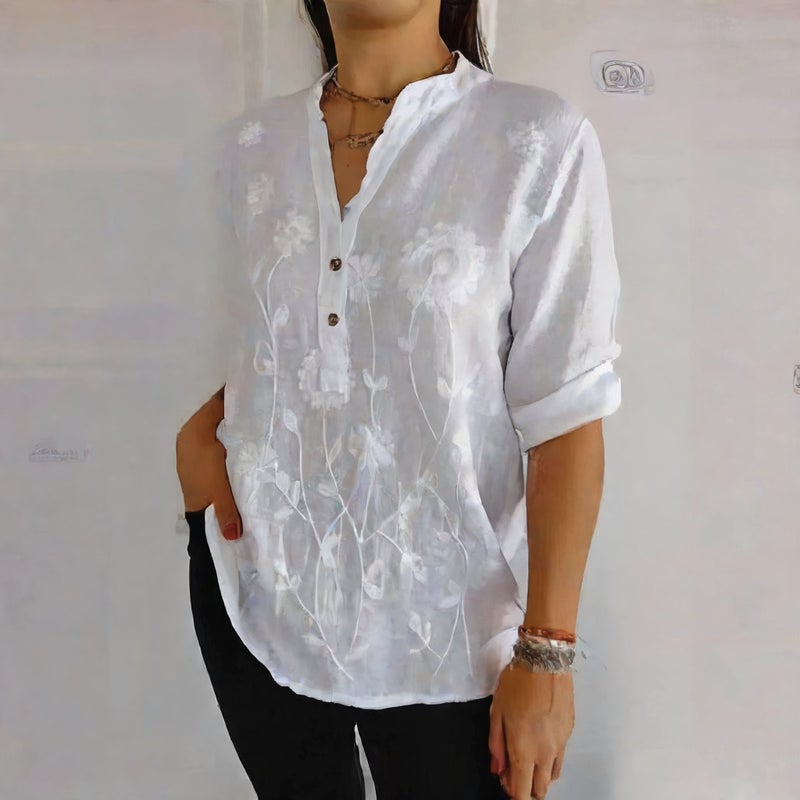 Women Lace Embroidered Button V-Neck Blouse - Image 4