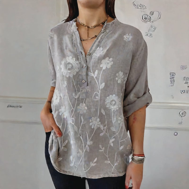 Women Lace Embroidered Button V-Neck Blouse - Image 3