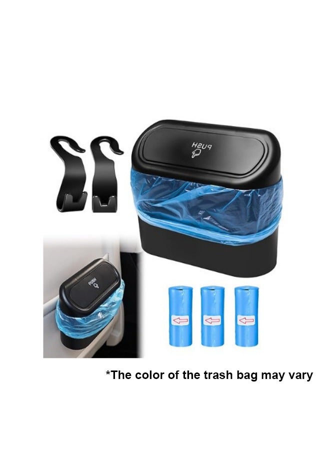 أم جي زي سلة مهملات السيارة مع غطاء وصندوق قمامة مانع للتسرب، سلة مهملات السيارة مع 3 لفات من أكياس القمامة البلاستيكية (45 قطعة) ومشبكين للسيارة، سلة مهملات السيارة للمنزل والمكتب (أسود) - Image 1