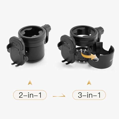 Gromast Universal Stroller Cup Holder with Phone Holder, 3-in-1 Detachable Drink Holder 360° Rotatable, Adjustable Cup Holder for Stroller Wheelchair Bike Walker Scooter - Black - Image 4