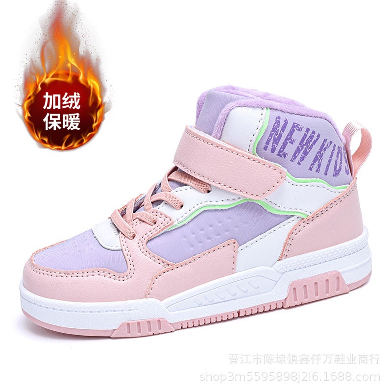 Kids High-Top Sneakers Winter 2024 Warm Cotton Velvet Casual Shoes Pink and purple [plus velvet]