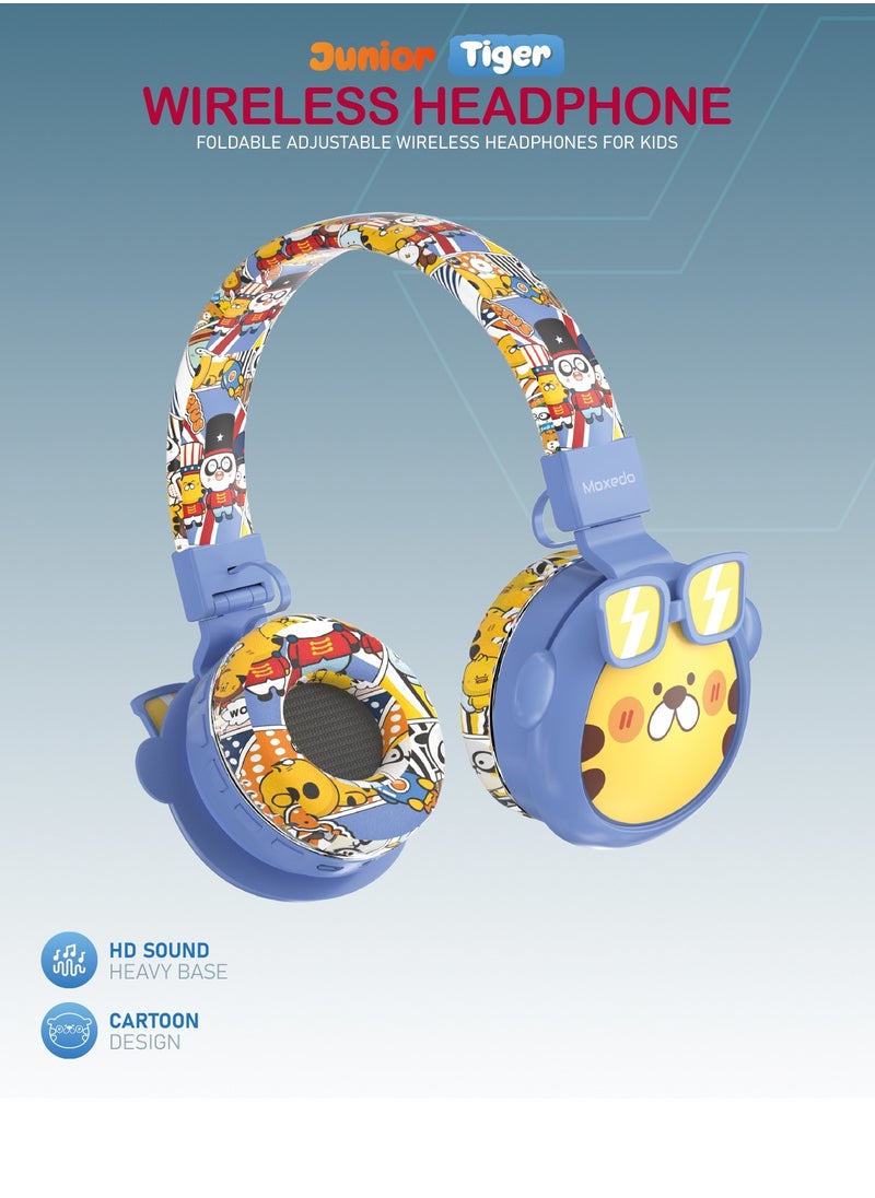 Moxedo Junior Wireless On-Ear Headphones for Kids Adjustable Foldable Design Stereo Headphone 90dB with Built-In Microphone Compatible for iPad/Phone/Tablet and Other Devices (Junior Tiger)