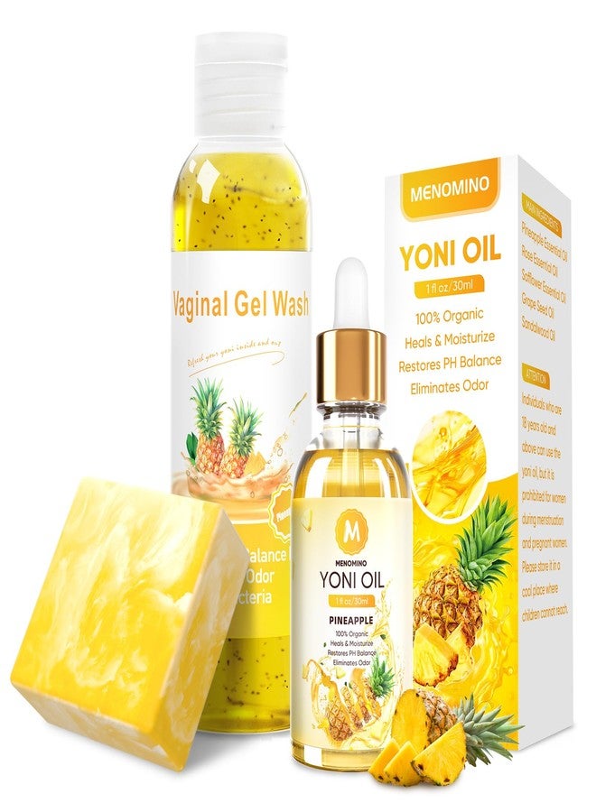 MENOMINO Feminine Wash & Yoni Soap Bar & Yoni Oil for Women pH Balance, Pineapple Yoni Wash for Moisturizing Remove Odor, 5.07 Fl.Oz Feminine Wash 1 Fl.Oz Feminine Oil & 3.53oz Yoni Bar - Image 1