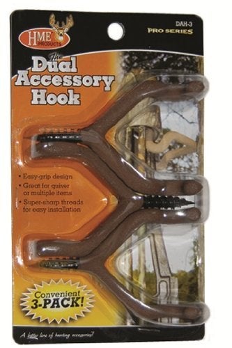 HME Dual-Prong Accessory Rubber-Coated Hook Holder | Doubles as a Quiver Holder | Super Sharp Tip Easily Screws into Tree, 3 Pack (Bister) - Image 1