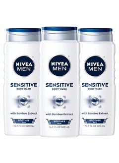 NIVEA MEN Nivea Men Sensitive Body Wash with Bamboo Extract, Soap Free Body Wash for Men with No Drying Alcohol, 3 Pack of 16.9 Fl Oz Bottles  - Image 1