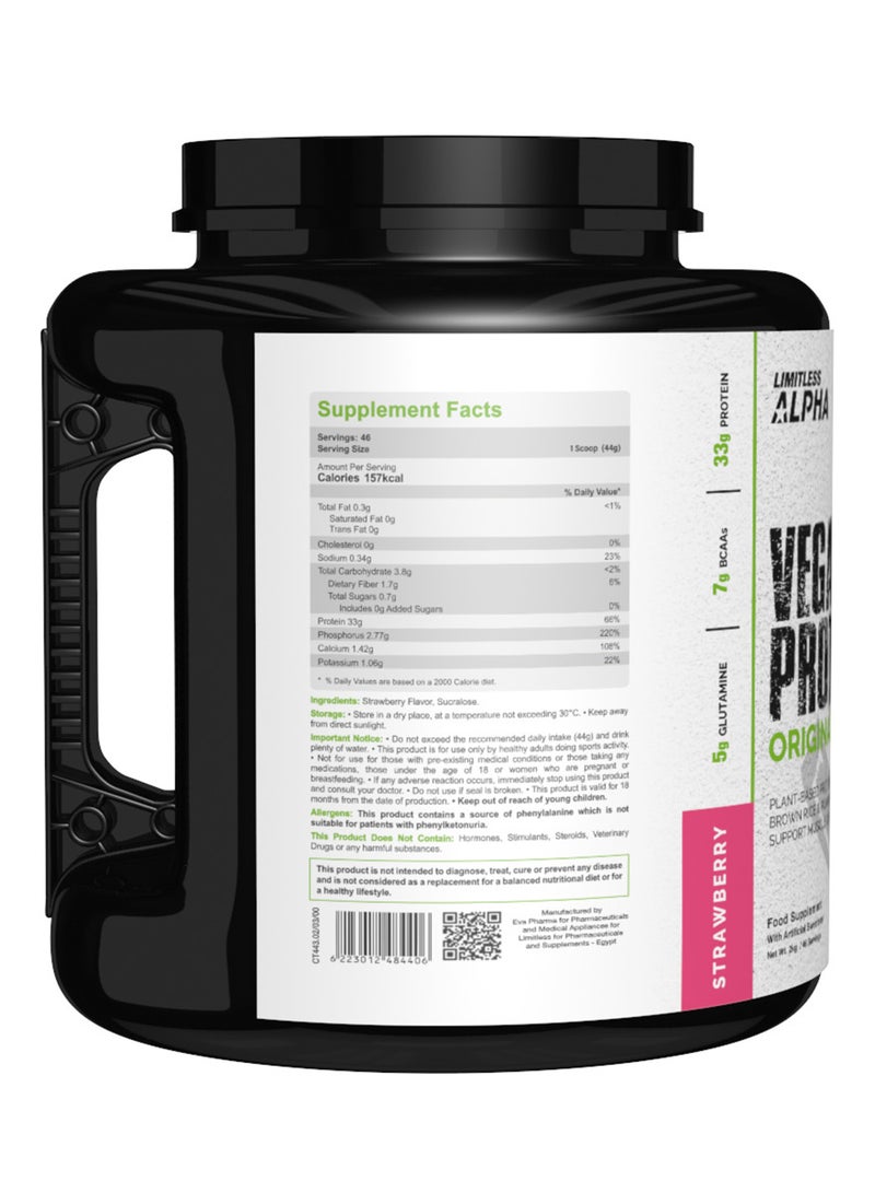 EVA PHARMA بروتين فيغان ليمتلس ألفا – 2 كجم – 33 جرام بروتين نباتي مع BCAA وغلوتامين – أرز بني، بازلاء وقرع – خالي من الجلوتين، كيتو وباليو – 46 حصة - نكهة الفراولة. - Image 2