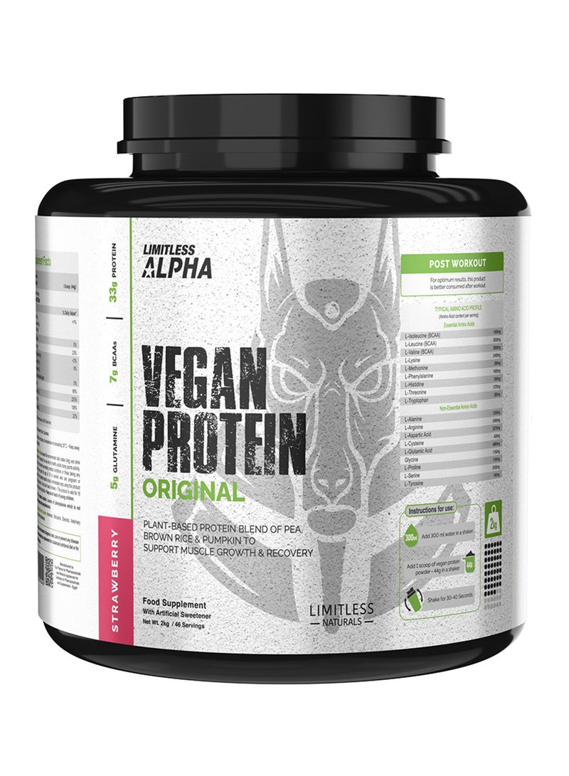 EVA PHARMA بروتين فيغان ليمتلس ألفا – 2 كجم – 33 جرام بروتين نباتي مع BCAA وغلوتامين – أرز بني، بازلاء وقرع – خالي من الجلوتين، كيتو وباليو – 46 حصة - نكهة الفراولة. - Image 1