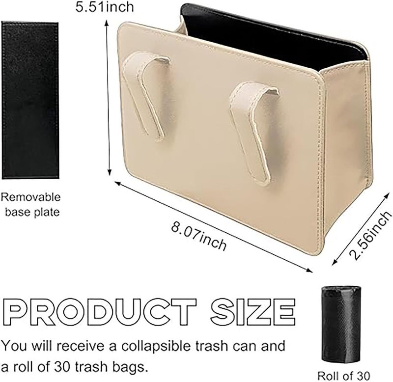 Foldable Waterproof Leather Car Trash Can, Mini Garbage Organizer Holder, Folding Storage Bin for Auto SUV Truck, Universal Interior Accessories, Beige - Image 2