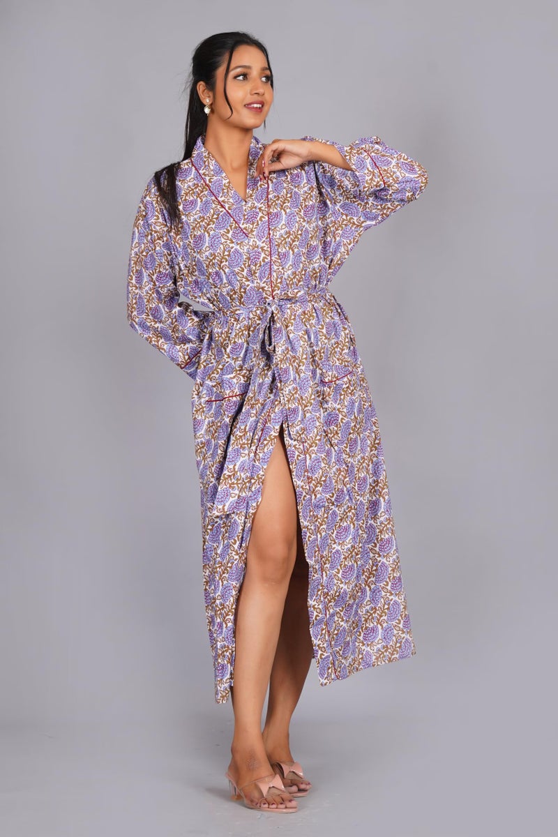 COTSILER Cotton Block Print Kimono Robe for Women Long Bathrobe with Belt & Pockets Soft Lightweight Nightwear Spa,Lounge or Cover-Up (US, Alpha, One Size, Regular, Regular, Design 2) - Image 3