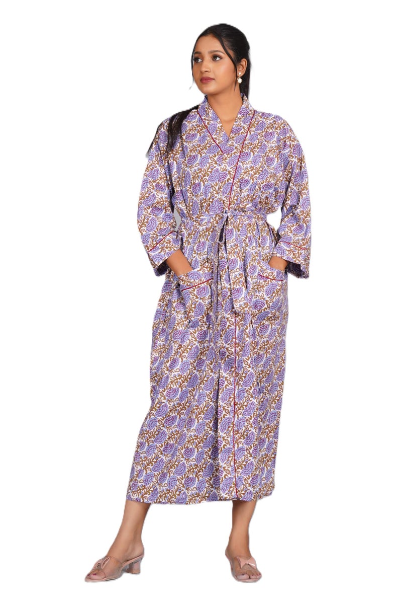 COTSILER Cotton Block Print Kimono Robe for Women Long Bathrobe with Belt & Pockets Soft Lightweight Nightwear Spa,Lounge or Cover-Up (US, Alpha, One Size, Regular, Regular, Design 2) - Image 1