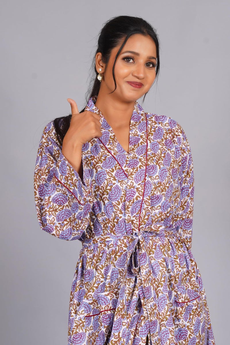 COTSILER Cotton Block Print Kimono Robe for Women Long Bathrobe with Belt & Pockets Soft Lightweight Nightwear Spa,Lounge or Cover-Up (US, Alpha, One Size, Regular, Regular, Design 2) - Image 2
