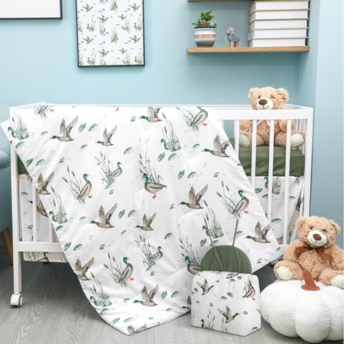 Oudain 4 Piece Mallard Duck Crib Bedding Set Including Mallard Duck Crib Skirt Blanket Crib Sheet and Diaper Stacker Soft Neutral Nursery Standard Size Baby Bedding for Baby Girls and Boys - Image 1