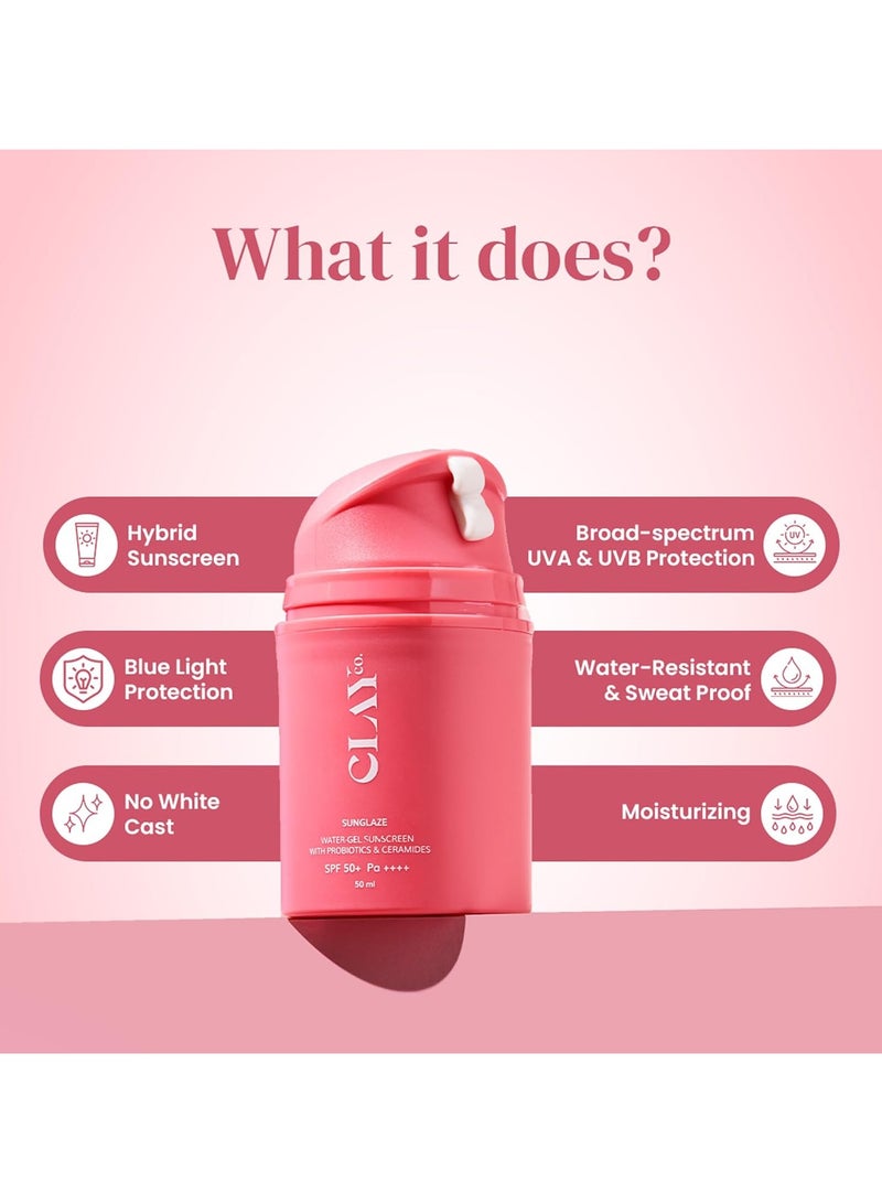 Clayco Sunglaze Sunscreen SPF 50 PA++++ | Probiotic & Ceramide-Infused | Lightweight, Non-Greasy & Fast-Absorbing | Broad Spectrum UVA, UVB & Blue Light Protection | Hydrating & Brightening | For All Skin Types (50ml) - Image 2
