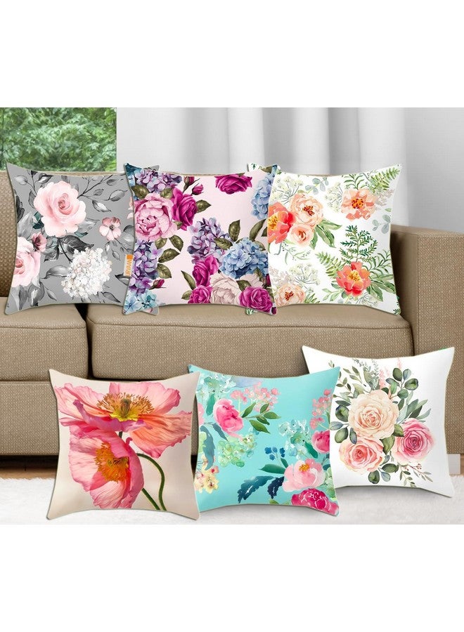 Urvaan Velvet Flower Printed Cushion Cover, 16 x 16 Inch, Set of 6, Multicolour - Image 1