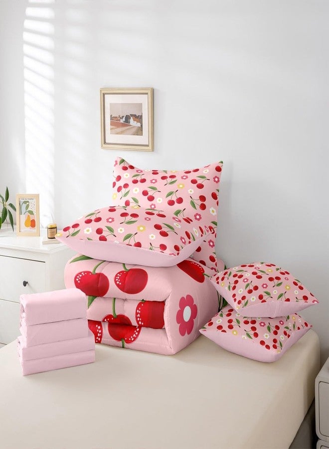 Erosebridal طقم لحاف كرز لطيف للبنات من إيروس برايدال، 7 قطع، سرير مفرد، أطقم مفروشات زهرية وردية، لحاف وأغطية سرير بتصميم فواكه كاواي، طقم سرير أنيق مزين بالزهور، ديكور غرفة نوم - Image 5