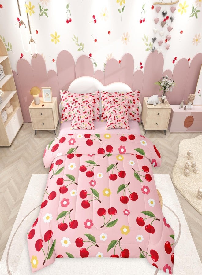 Erosebridal طقم لحاف كرز لطيف للبنات من إيروس برايدال، 7 قطع، سرير مفرد، أطقم مفروشات زهرية وردية، لحاف وأغطية سرير بتصميم فواكه كاواي، طقم سرير أنيق مزين بالزهور، ديكور غرفة نوم - Image 1