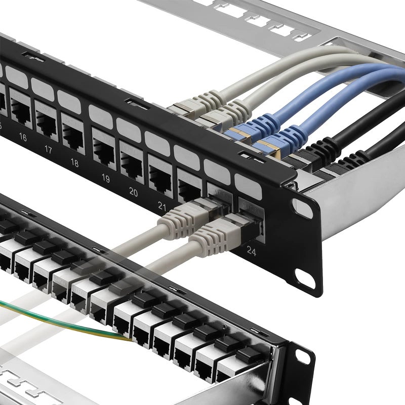 Rapink Patch Panel 24 Port Cat6A with Inline Keystone 10G Support Coupler Patch Panel STP Shielded 19Inch with Removable Back Bar 1U Network Patch Panel for Cat7 Cat6 Cat6A Cat5e